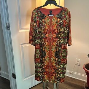 Brown and Orange Sheath Dress with 3/4 Sleeves Scoop Neck